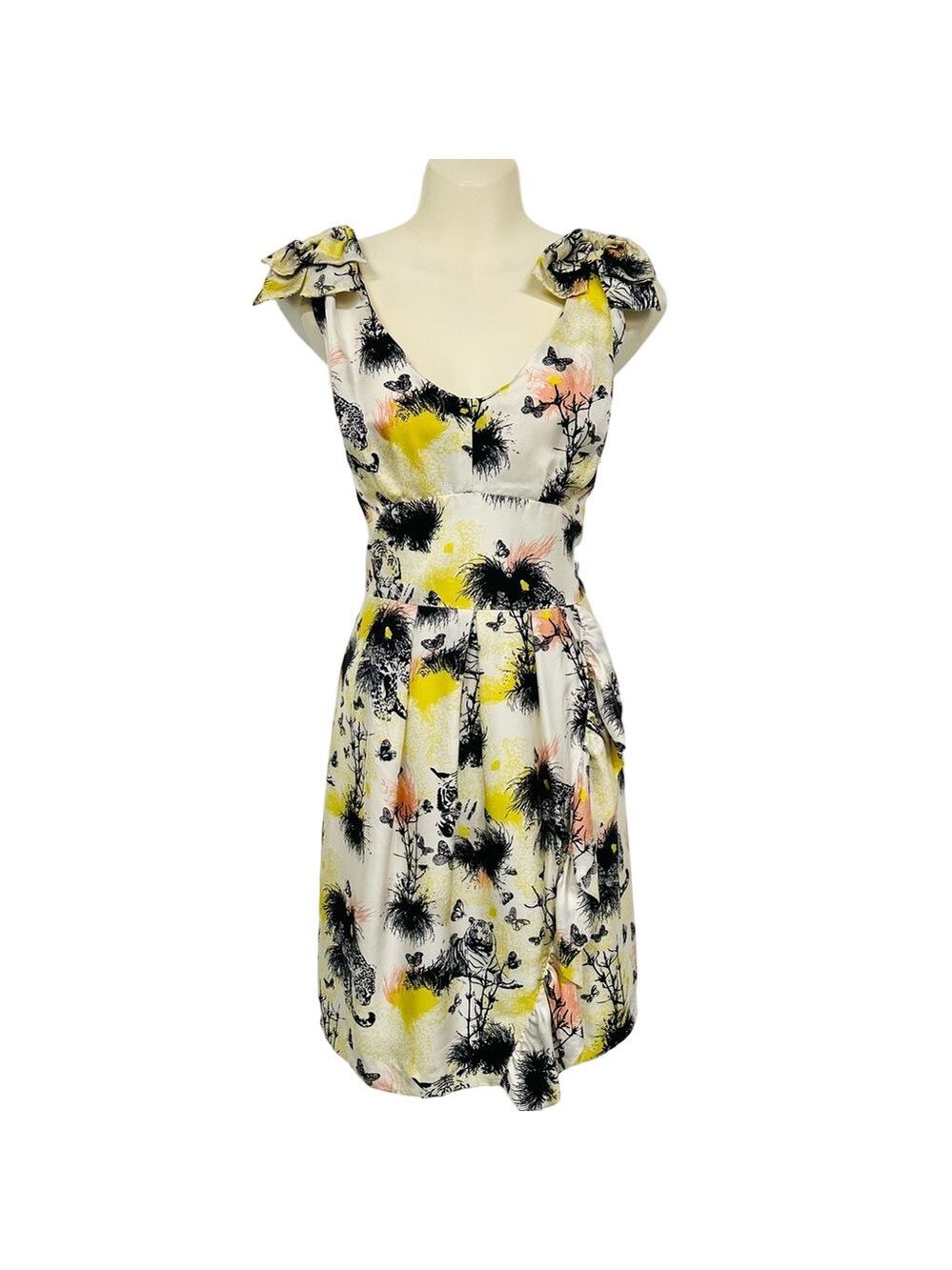 Sandra Angelozzi silk dress Size 12 tiger butterfly ruffle Retro Inspired